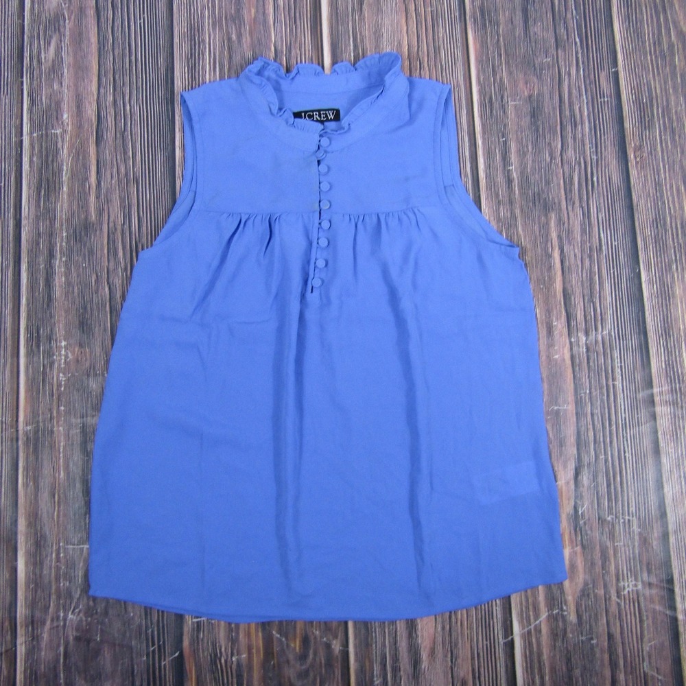 J.Crew Blouse Womens XXS Blue Ruffle Neck Sleeveless Button Front Style BS139